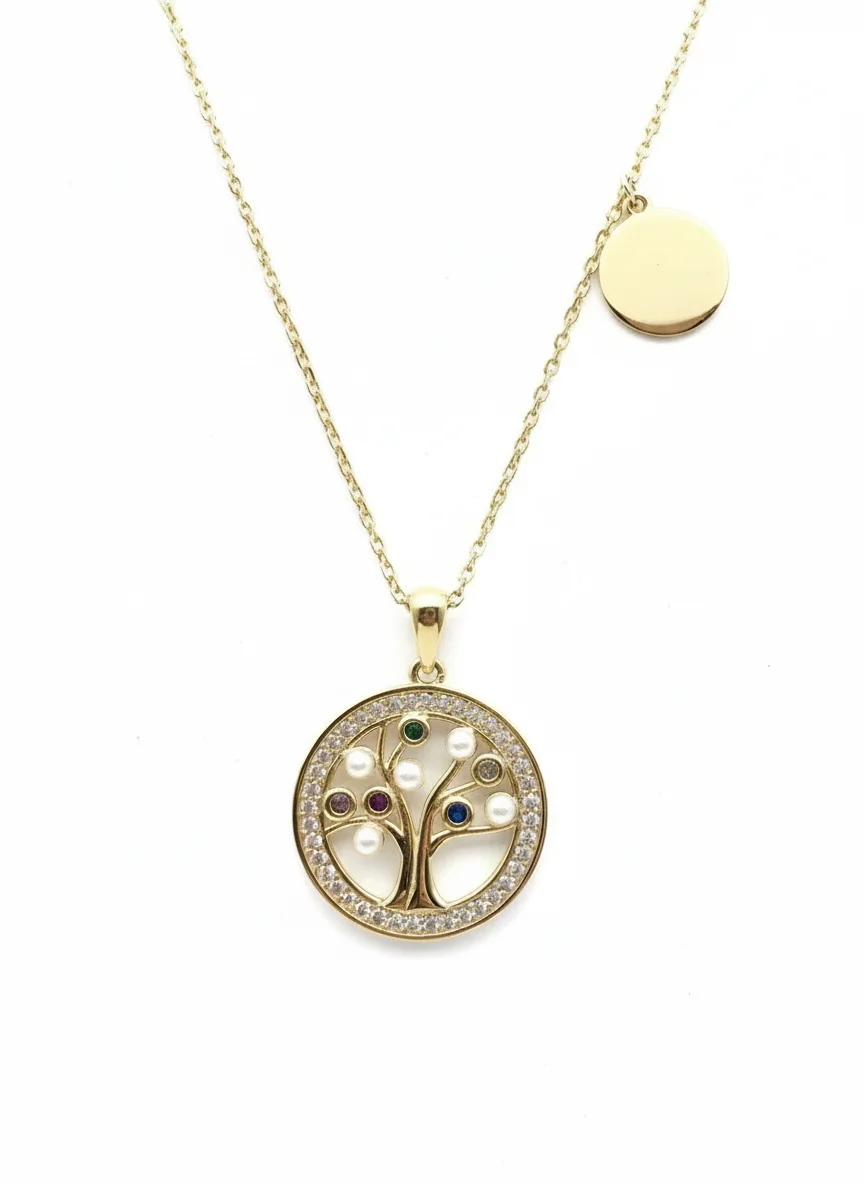 Sterling silver Tree of Life pendant with gemstones and pearls, front view