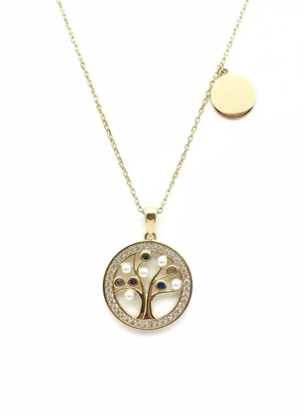 Sterling silver Tree of Life pendant with gemstones and pearls, front view