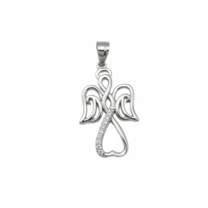 Sterling silver angel heart pendant with intricate design, front view