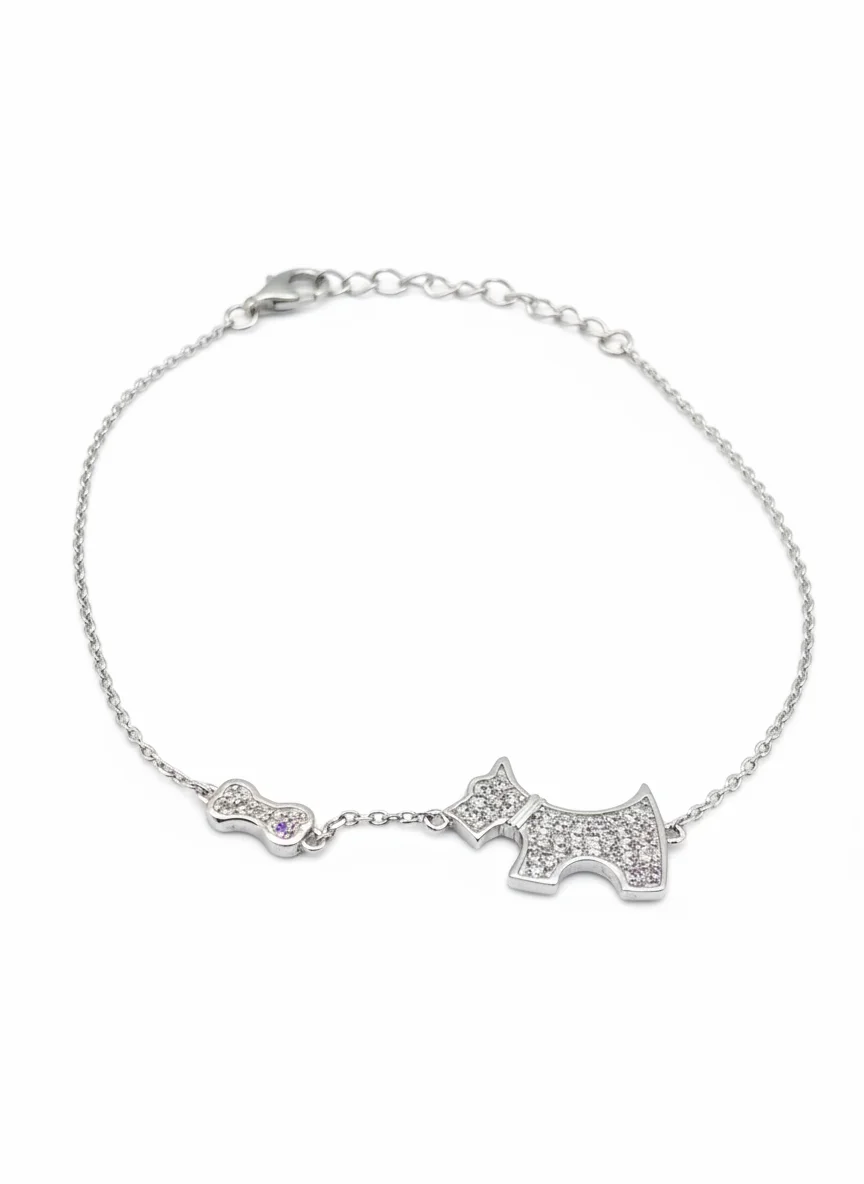 Sterling silver bracelet with dog and bone motif, front view