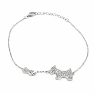 Sterling silver bracelet with dog and bone motif, front view