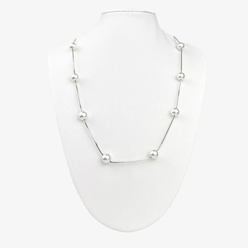 Sterling silver necklace with freshwater pearls on adjustable chain, front view