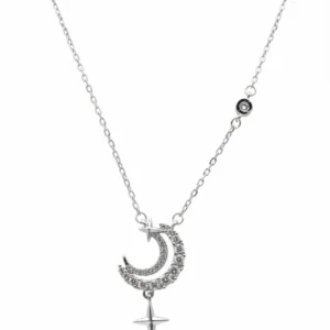 Sterling silver moon and star pendant necklace with delicate chain, front view