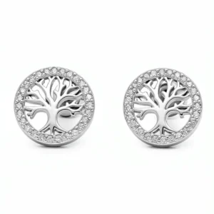 Sterling silver Tree of Life stud earrings with cubic zirconia accents, front view