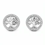 Sterling silver Tree of Life stud earrings with sparkling stone accents, front view