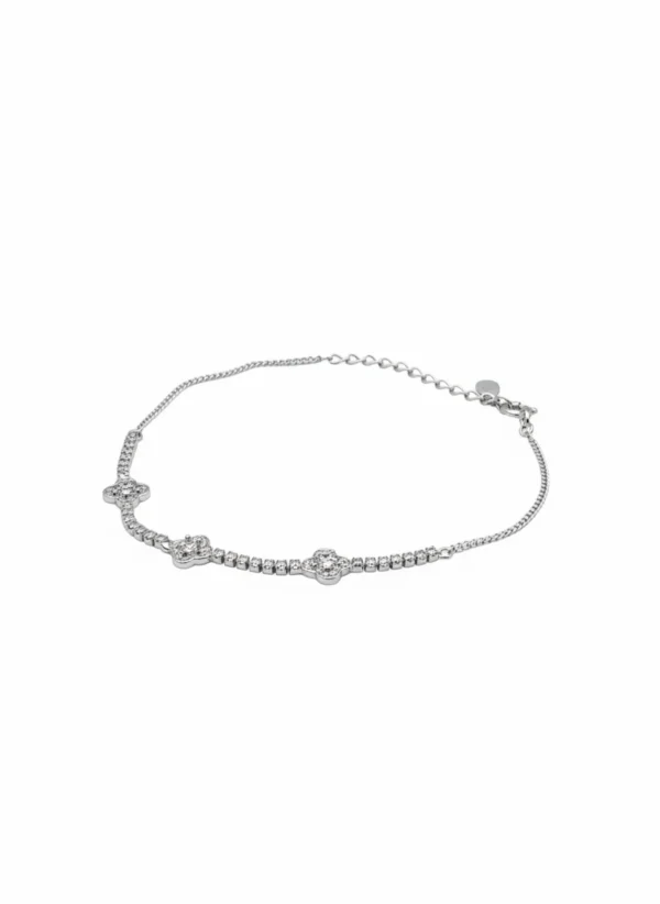 Sterling silver clover anklet with adjustable chain, front view