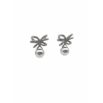 Sterling silver earrings with pearl drop and bow design, front view