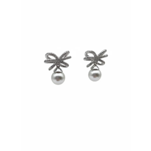 Sterling silver earrings with pearl drop and bow design, front view