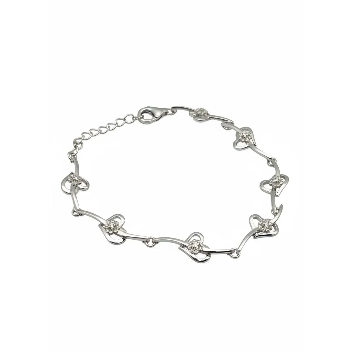 Sterling silver heart link bracelet with lobster clasp, front view