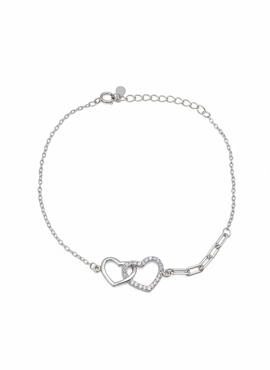 Sterling silver interlocking heart bracelet with cubic zirconia, front view