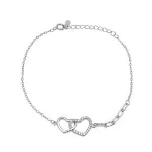 Sterling silver interlocking heart bracelet with cubic zirconia, front view