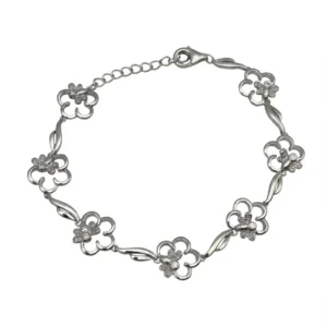 Sterling silver bracelet with floral design and lobster clasp, top view