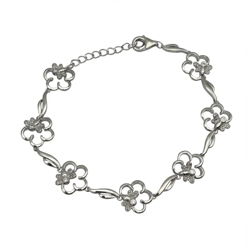 Sterling silver floral bracelet with lobster clasp, top view