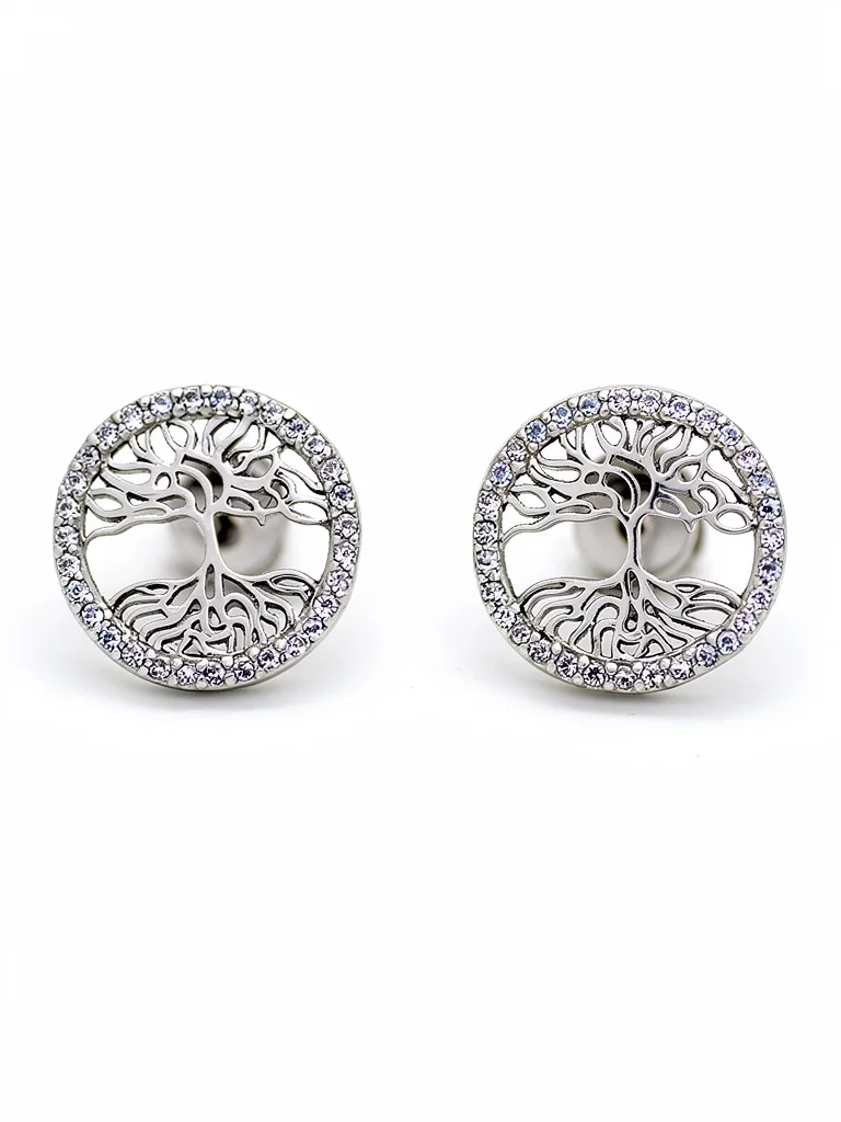 Sterling silver Tree of Life stud earrings with cubic zirconia, front view