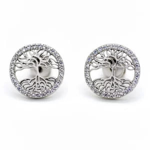Sterling silver Tree of Life stud earrings with cubic zirconia, front view