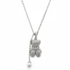 Sterling silver teddy bear pendant with pearl charm on chain, front view