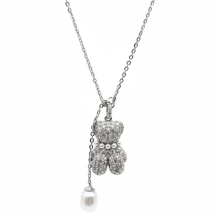 Sterling silver teddy bear pendant with pearl charm on chain, front view