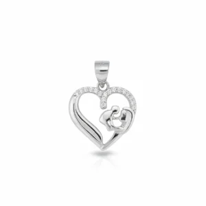 Sterling silver heart pendant with mother and child design, front view