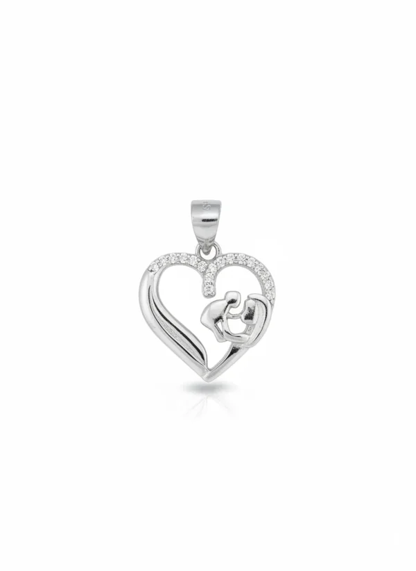 Sterling silver heart pendant with mother and child design, front view