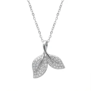 Sterling silver leaf pendant necklace on delicate chain, front view