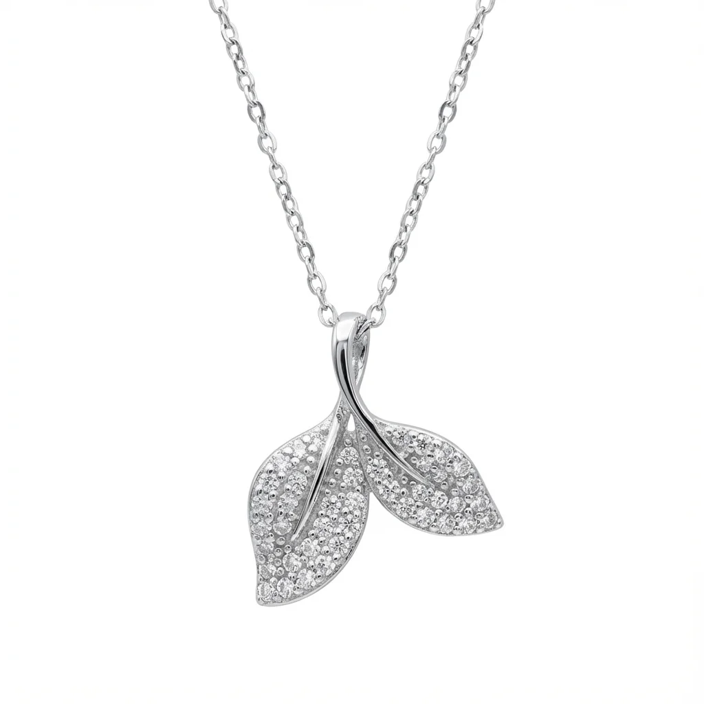 Sterling silver leaf pendant necklace on delicate chain, front view