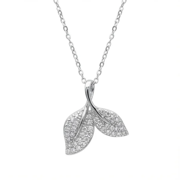 Sterling silver leaf pendant on a delicate chain, front view