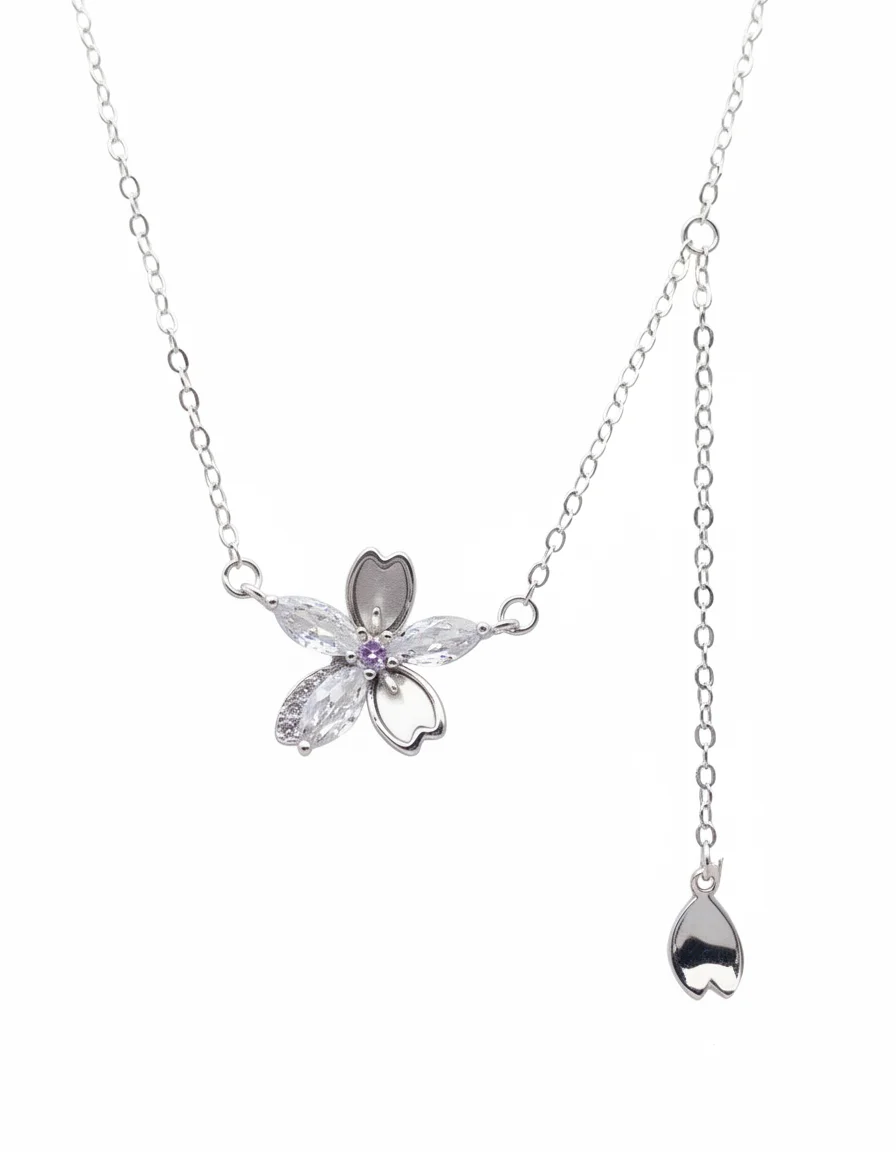 Sterling silver floral pendant necklace with adjustable chain, front view