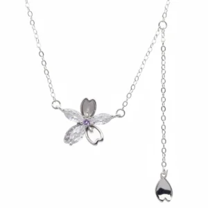 Sterling silver floral pendant necklace with adjustable chain, front view