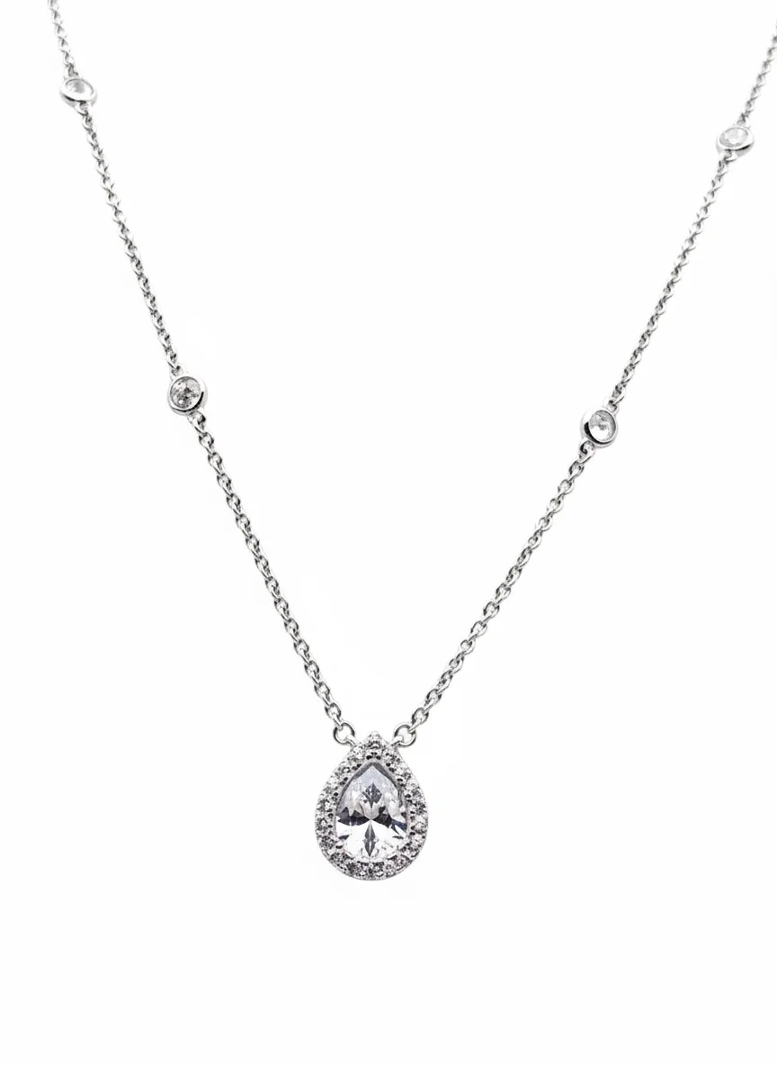 Sterling silver teardrop pendant necklace with cubic zirconia, front view