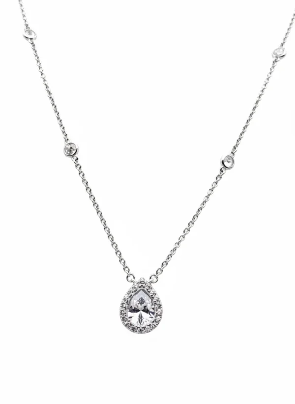 Sterling silver teardrop pendant necklace with cubic zirconia, front view