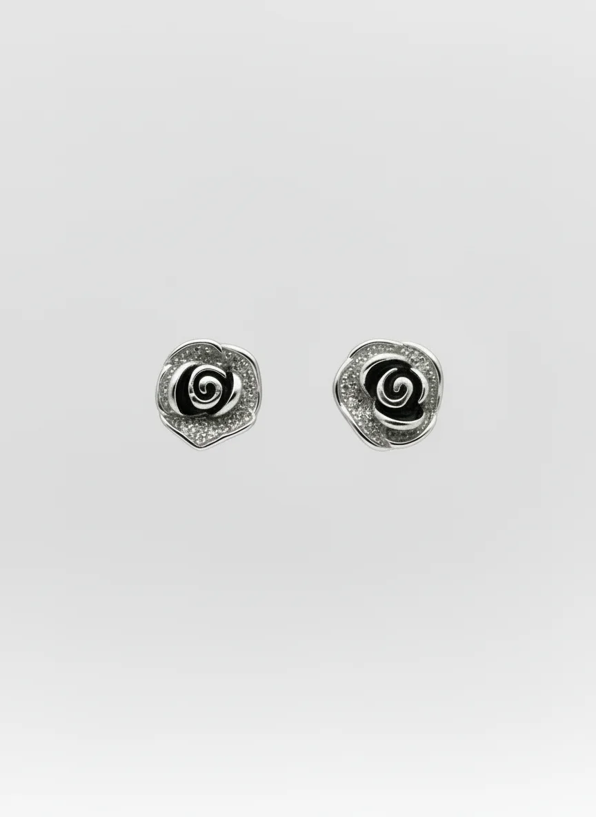 Sterling silver rose stud earrings with elegant design, front view