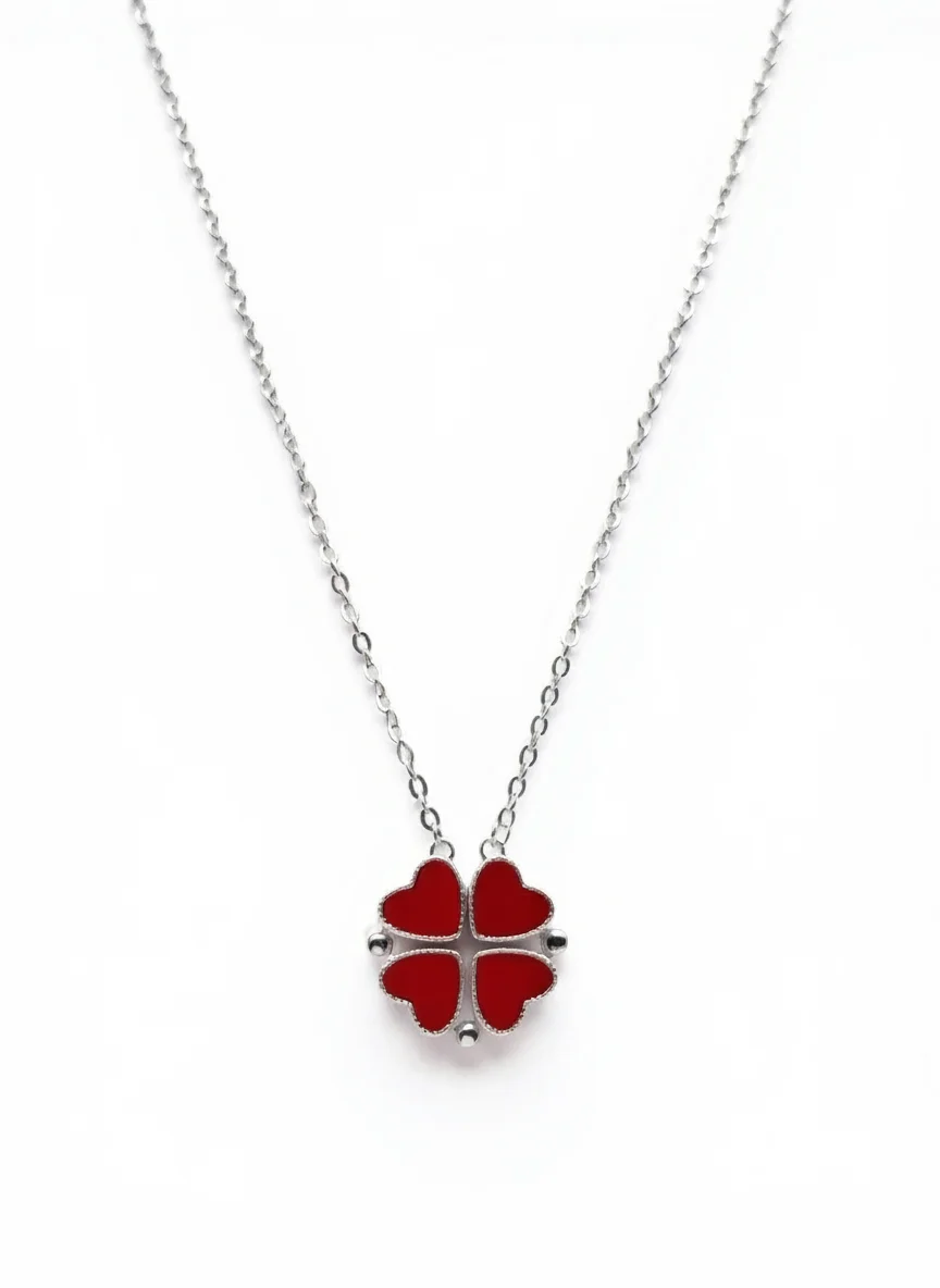 Sterling silver heart clover pendant on chain, front view