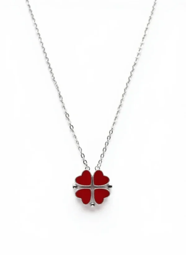 Sterling silver heart clover pendant necklace with red hearts, front view