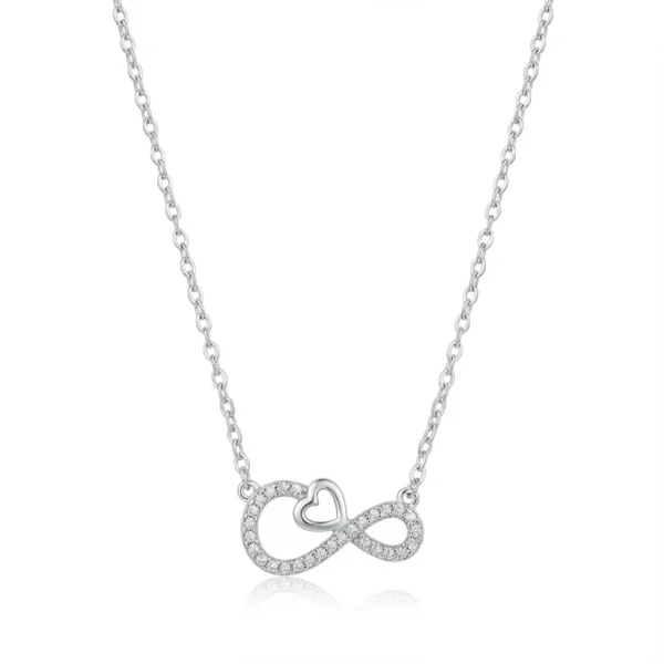 Sterling silver infinity heart pendant on chain, front view