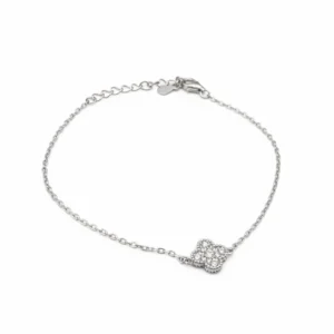 Sterling silver clover bracelet with adjustable chain, front view