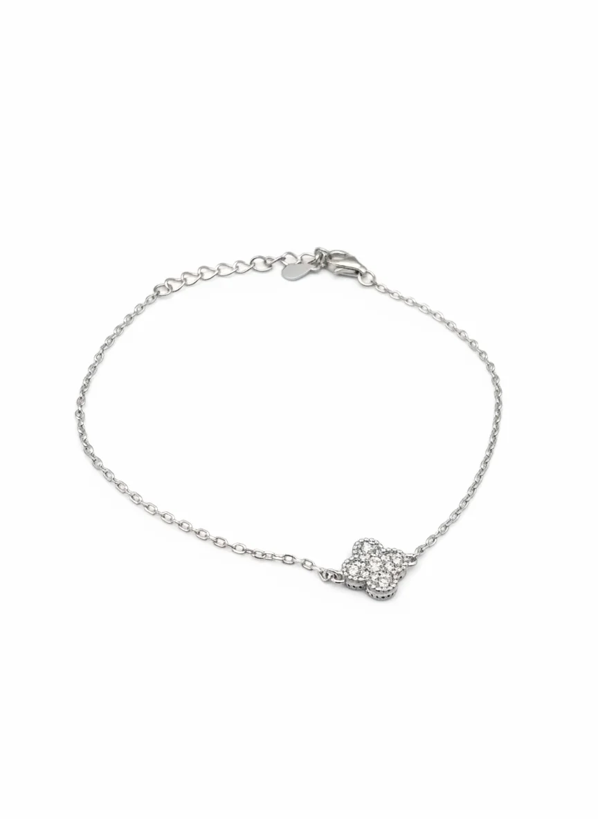 Sterling silver clover bracelet with adjustable chain, top view