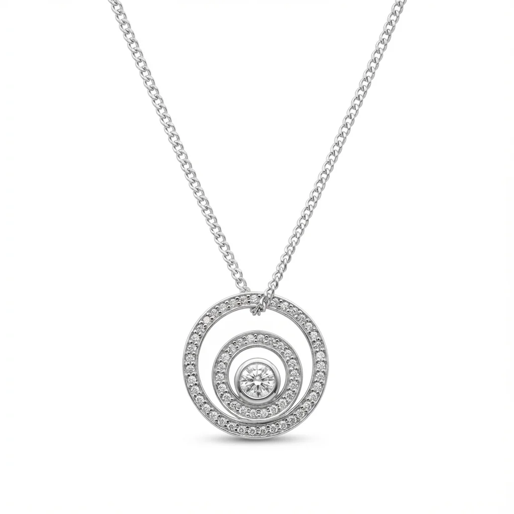 Sterling silver circle pendant necklace with cubic zirconia, front view