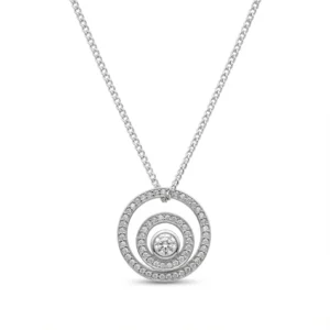 Sterling silver circle pendant necklace with cubic zirconia, front view