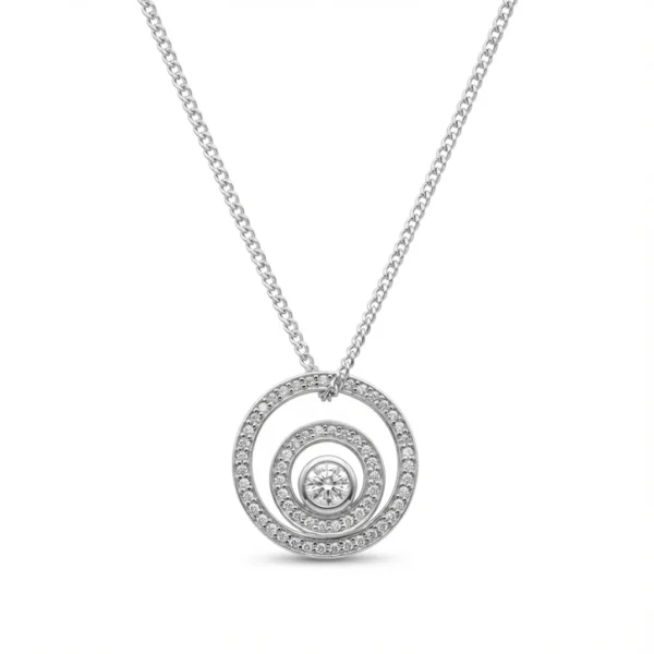 Sterling silver circle pendant necklace with cubic zirconia, front view