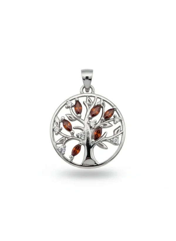 Sterling silver Tree of Life pendant with gemstones, front view