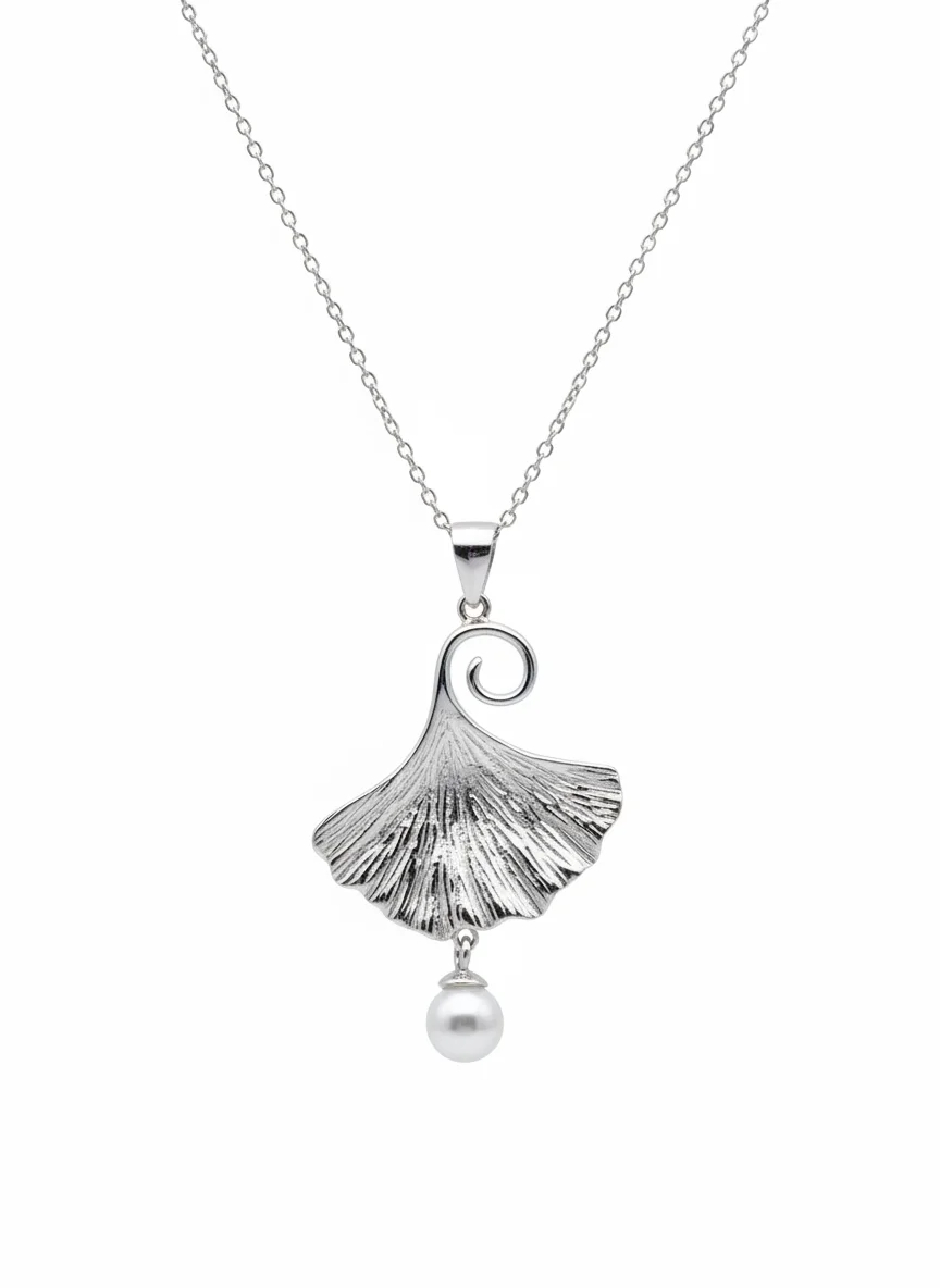Sterling silver ginkgo leaf pendant with pearl on chain, front view