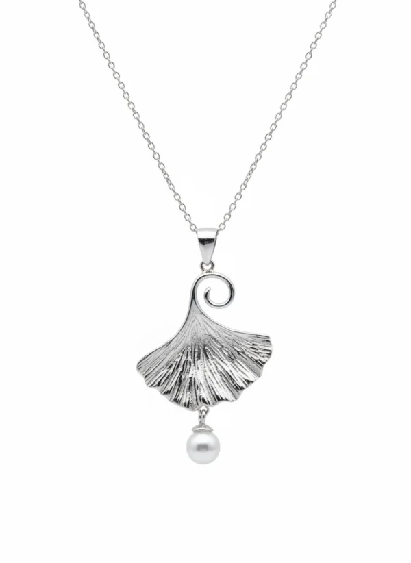 Sterling silver Ginkgo leaf pendant with pearl, front view