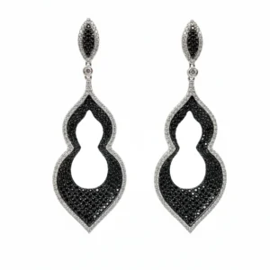 Sterling silver drop earrings with black stone detail, front view