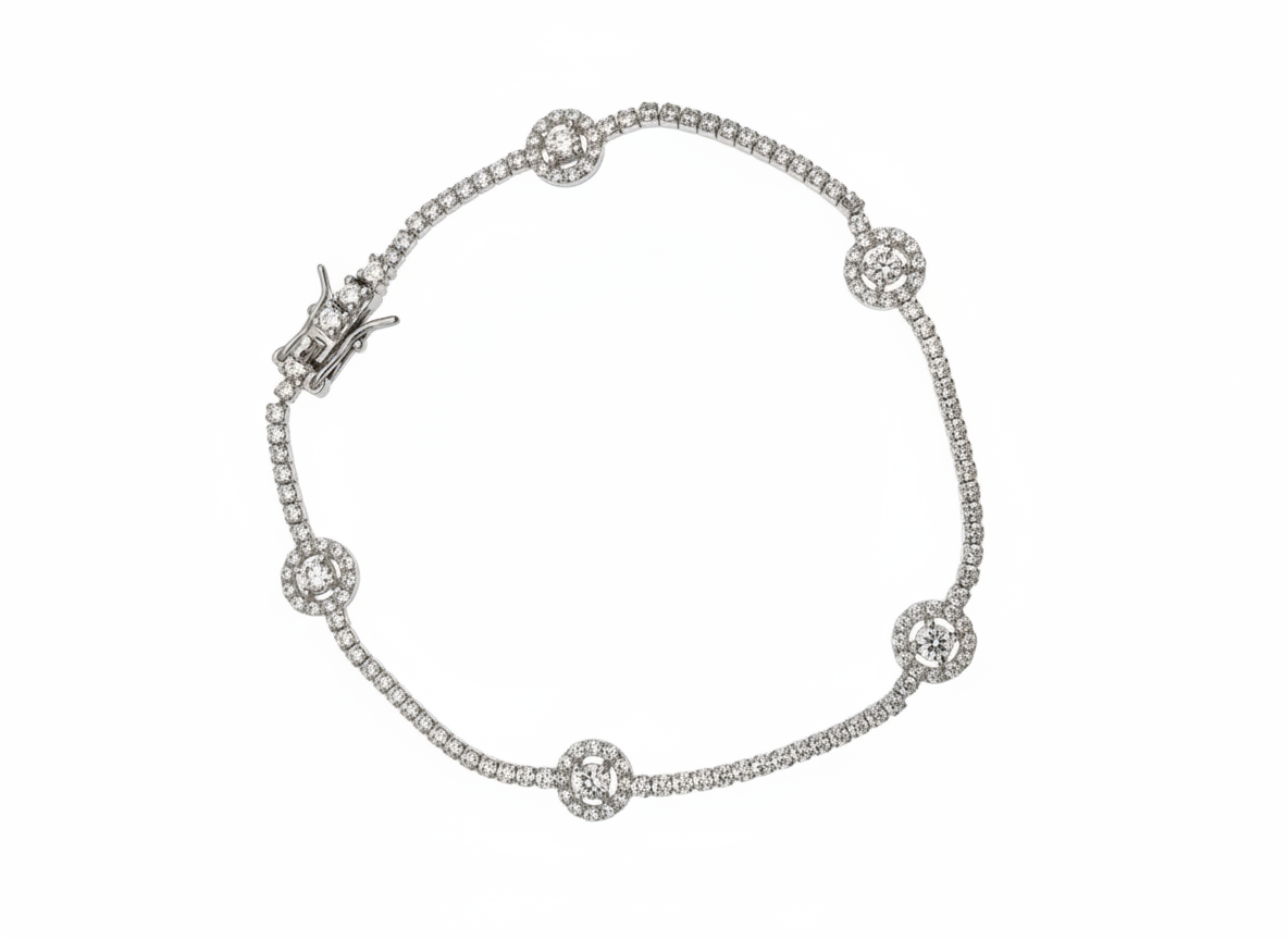 Sterling silver crystal tennis bracelet with circular accents, top view