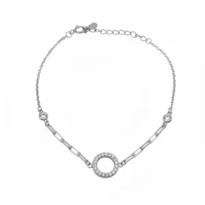 Sterling silver bracelet with circle design and adjustable chain, front view