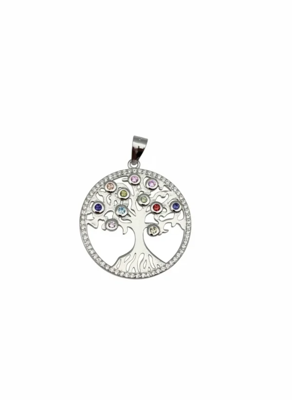 Sterling silver Tree of Life pendant with multicoloured gem accents, front view