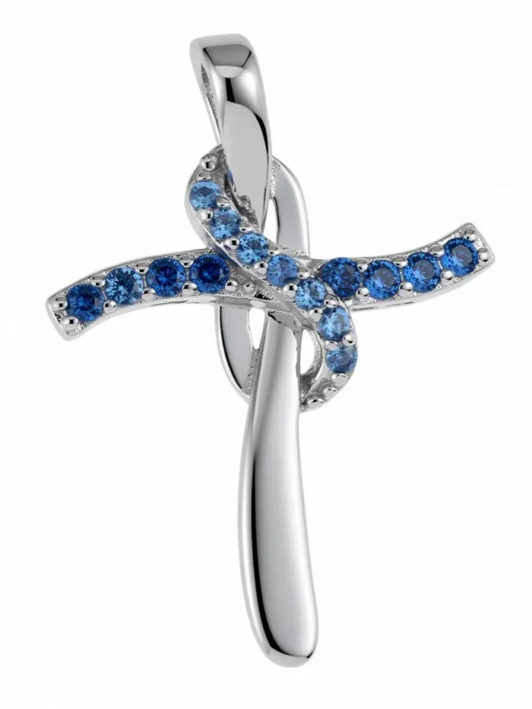 Sterling silver cross pendant with blue gemstones, front view