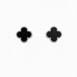 Sterling silver clover stud earrings with black enamel, front view