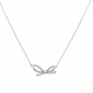Sterling silver bow necklace with delicate chain, front view
