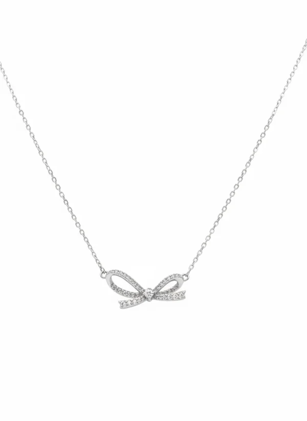 Sterling silver bow necklace with delicate chain, front view